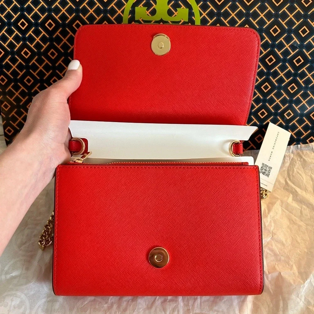 Tory Burch Emerson Chain Wallet Crossbody Bag Bright Samba Gold Red - Picture 5 of 14